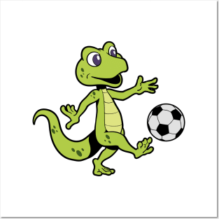 Comic gecko playing soccer Posters and Art